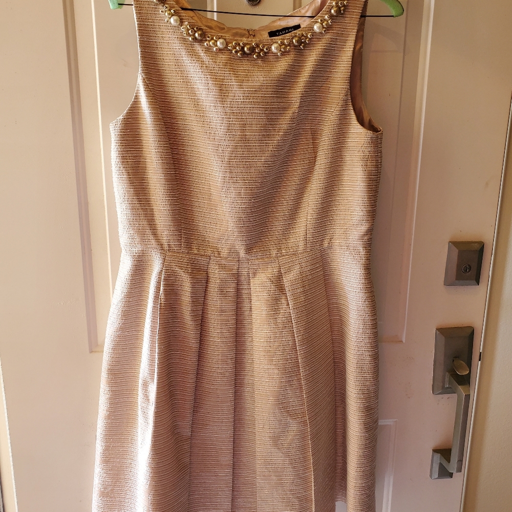 TAHARI champagne/taupe sleeveless dress with faux pearls surrounding neck